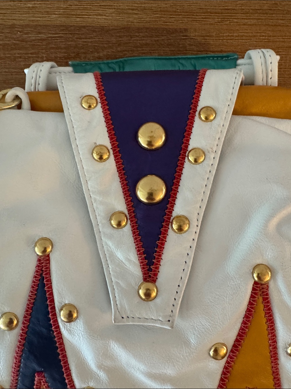 NWT Vintage Samir Handbags White Leather Studded Colorblock Satchel USA - Picture 5 of 12